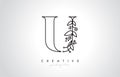 U Letter Logo With Organic Monogram Plant Leafs Detail and Circle Design. Creative Letter Icon