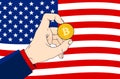 Bitcoin America - Hand with bitcoin in front of the American flag