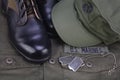 U.S. MARINES Tape with dog tags and boots on olive green uniform