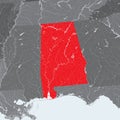 Map of Alabama with lakes and rivers.