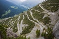U-shape curved road towards Towers of Fraele, a touristic attraction in North Valtellina, Italy