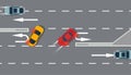 U turn car red and yellow top view vector illustration traffic road. Sing arrow transportation highway background direction.