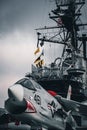 Vertical shot of a USS Midway Aircraft Carrier in San Diego, CA Royalty Free Stock Photo