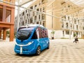 UAE, Abu Dhabi - 13th march, 2023: Autonomous car stand in futuristic city Masdar by Eco-friendly architecture. Masdar future City