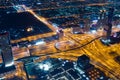 UAE, Dubai, 06/14/2015, downtown dubai futuristic city neon lights and sheik zayed road shot from the worlds tallest tower