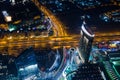 UAE, Dubai, 06/14/2015, downtown dubai futuristic city neon lights and sheik zayed road shot from the worlds tallest tower Royalty Free Stock Photo