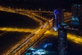 UAE, Dubai, 06/14/2015, downtown dubai futuristic city neon lights and sheik zayed road shot from the worlds tallest tower