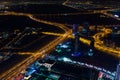 UAE, Dubai, 06/14/2015, downtown dubai futuristic city neon lights and sheik zayed road shot from the worlds tallest tower