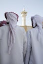 UAE Dubai group of traditionally dressed Muslim men perform a song for visitors to the Bastakia Royalty Free Stock Photo