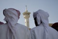 UAE Dubai group of traditionally dressed Muslim men perform a song for visitors to the Bastakia Royalty Free Stock Photo