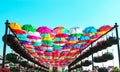 UAE, DUBAI - November, 2013: avenue of bright multicolored umbrellas in the Miracle Garden, Dubai