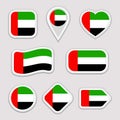 UAE flag stickers set. Emirates national symbols badges. Isolated geometric icons. AE vector official flags collection. Sport page Royalty Free Stock Photo