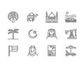 UAE flat line icons. Arab emirates flag, dubai , islam mosque, desert offroad car, muslim people, camel, oil vector