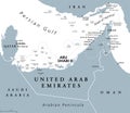 United Arab Emirates, UAE, simply the Emirates, gray political map