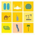 UAE landmark icons set. Camels and oil pumps. Palm trees and sky Royalty Free Stock Photo