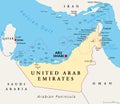 United Arab Emirates, UAE, simply the Emirates, political map Royalty Free Stock Photo