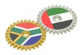 UAE and South Africa flags on a gears, 3D rendering