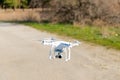 Uav drone copter flying with digital camera. Hexacopter drone with high resolution digital camera on the sky. Royalty Free Stock Photo