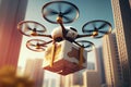 UAV drone delivery delivering big brown post package into urban city