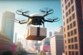 UAV drone delivery delivering big brown post package into urban city