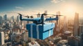 UAV flying with cardboard box above city. Modern technological shipment innovation Royalty Free Stock Photo