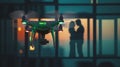 A UAV Unmanned Aircraft Drone Flying Just Outside A Window Where A Couple Is Embracing