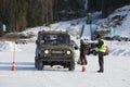 UAZ-469 comes for start. The open championship on sports tourism of the Republic of Karelia `the Four-wheel Drive - Winter - 2017 Royalty Free Stock Photo