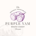 Ube Purple Yam Badge Logo Template. Hand Drawn Vegetable Sketch with Retro Typography Premium Plant Based Vegan Food Royalty Free Stock Photo