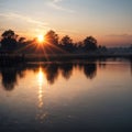 Ubein is the world\'s longest wooden bridge at sunrise.