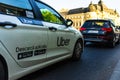 Uber car in traffic, modern city taxi service in Bucharest, Romania, 2019 Royalty Free Stock Photo