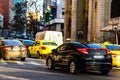 Uber car in traffic, modern city taxi service. Car pollution, traffic jam in the morning and evening in the capital city of Royalty Free Stock Photo