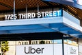 Uber sign at the new and modern headquarters campus of Uber Technologies