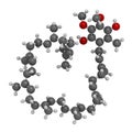 Ubiquinol molecule. Reduced form of coenzyme Q10. 3D rendering. Atoms are represented as spheres with conventional color coding: