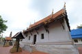 Ubosot or ordination hall of Wat Sra Bua, a late Ayutthaya period Buddhist temple with distinctive curved boat-shape, Phetchaburi