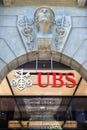 UBS Bank logo at company headquarters at Paradeplatz in Zurich, Switzerland