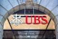 UBS Bank logo at company headquarters at Paradeplatz in Zurich, Switzerland