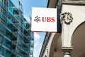 UBS sign of the Swiss multinational investment bank in Lugano Paradiso, Switzerland