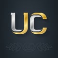 UC - initials, gold logo inlaid with silver. U and C - Metallic 3d icon or logotype template. Design element with lineart option
