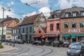 Uccle, Brussels - Belgium -Traditional commercial street with restaurants, shops, bistro\'s and a tramway railwaytrack