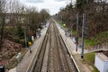 Uccle, Brussels Capital Region, Belgium - Double railway tracks and platofrm of the local Saint Job station