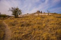 Uchisar, Cappadocia, Turkey: The road on the field goes to the city and the fortress of Uchisar. Rock houses and churches. Rock Royalty Free Stock Photo