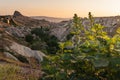 Uchisar castle, highest point in Cappadocia in a morning sunrise, Central Anatolia, Turkey Royalty Free Stock Photo