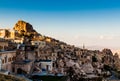 Sunset view of the fortress and the city Uchisar in Cappadocia. Anatolia, Turkey. Royalty Free Stock Photo