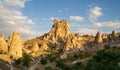 Uchisar Castle, town in Cappadocia, Turkey near Goreme. Panorama of Cappadocia landscape and valley with ancient rock formation Royalty Free Stock Photo