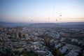 Uchisar cave town at sunset, aerial view.