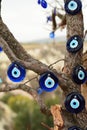 Detail of a tree with nazars in Uchisar. Cappadocia. Turkey