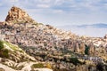 Uchisar town and castle from Pigeon Valley, Cappadocia, Turkey