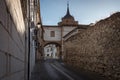 UclÃÂ©s Old Town with a porch and the church dome in the background, Cuenca, Spain Royalty Free Stock Photo