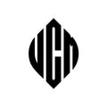 UCM circle letter logo design with circle and ellipse shape. UCM ellipse letters with typographic style. The three initials form a