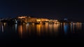 Udaipur cityscape by night. The majestic city palace reflecting lights on Lake Pichola, travel destination in Rajasthan, India.